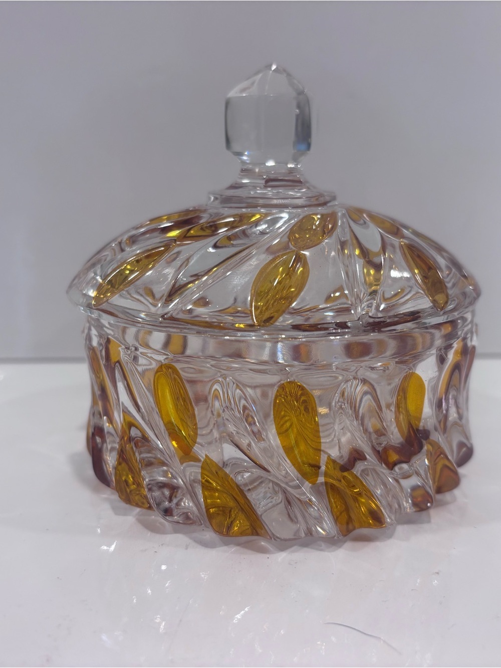 Vintage Amber & Clear Crystal Covered Candy Dish Trinket Box sugar Faceted Lid